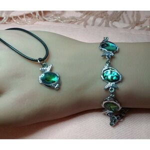 Abalone Shell Fish Bracelet & Pendant Necklace Set Silver Tone 7" Bracelet